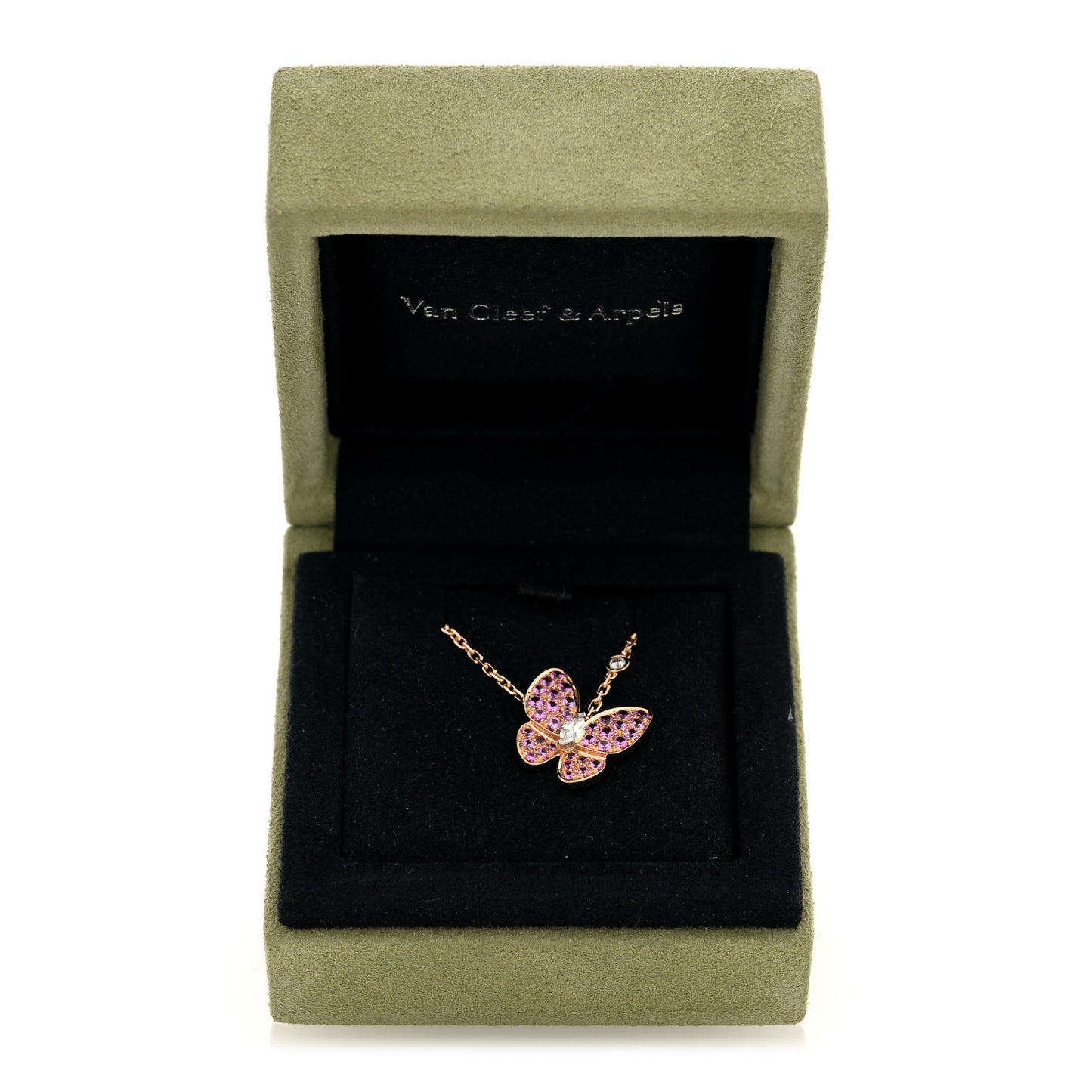 18K Rose Gold Diamond Pink Sapphire Two Butterfly Pendant Necklace