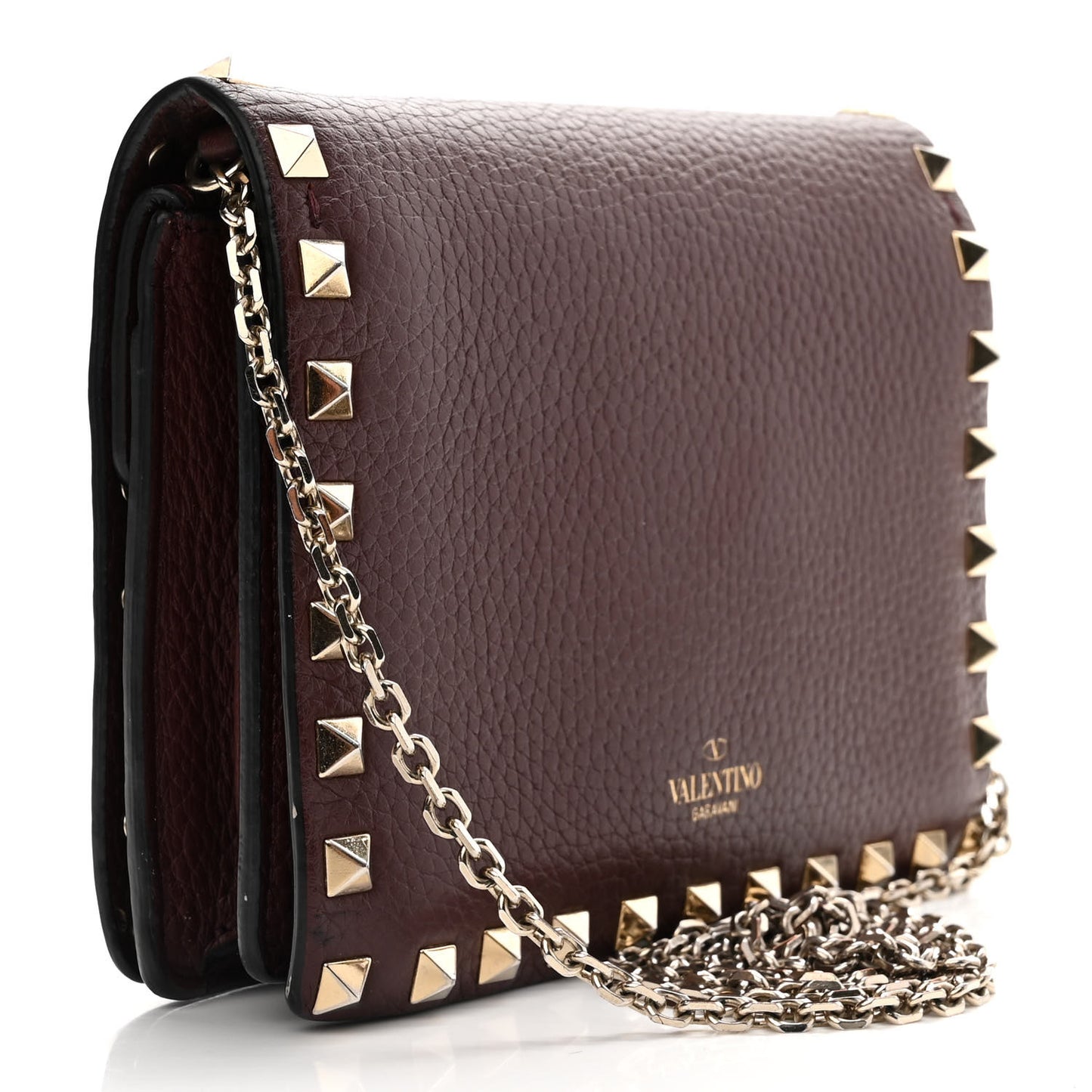 Pebbled Calfskin Rockstud Wallet on Chain Rubin