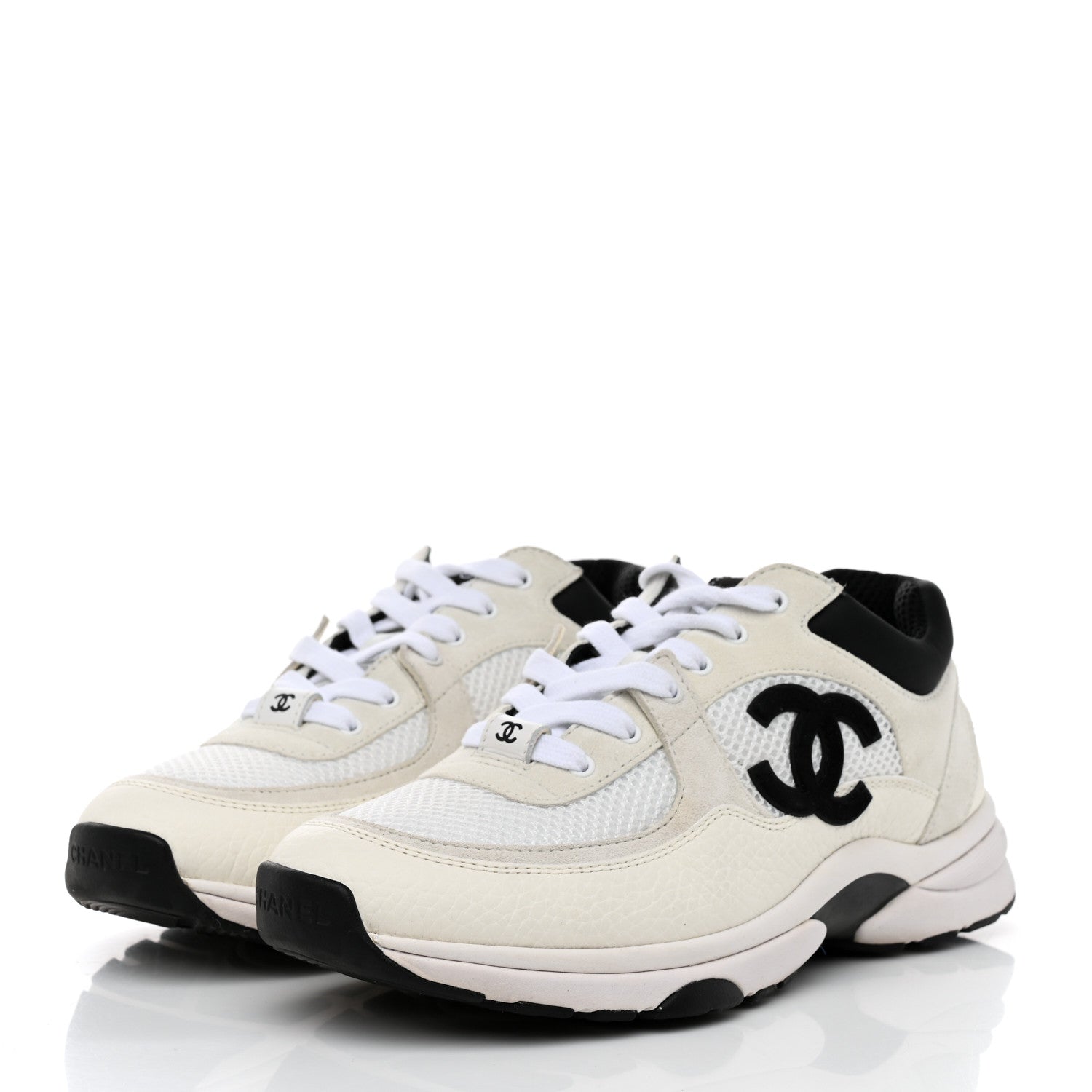 Chanel Mesh Suede Calfskin Grained Calfskin Womens CC Sneakers 38.5 White Black 3 of 9