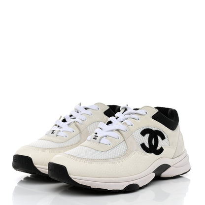 Chanel Mesh Suede Calfskin Grained Calfskin Womens CC Sneakers 38.5 White Black 3 of 9