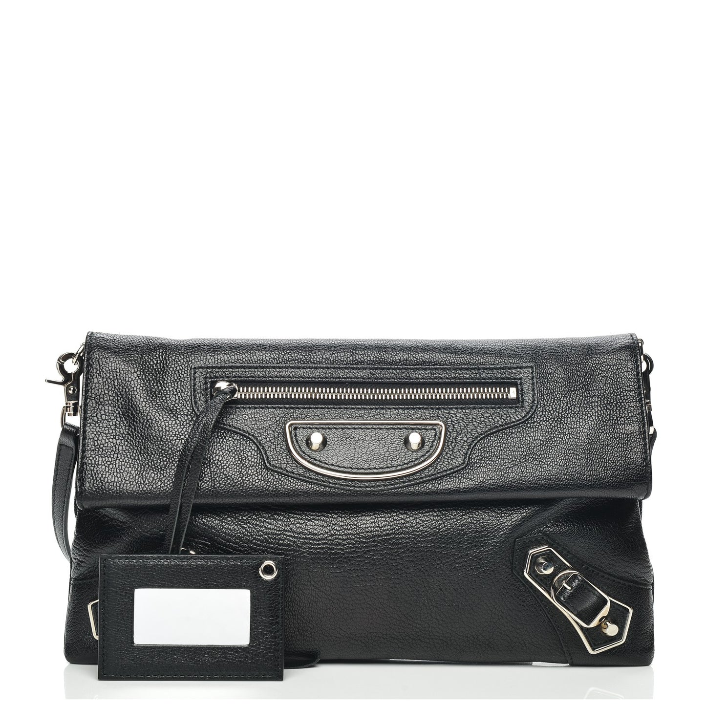 Chevre Silver Metallic Edge Hardware Envelope Clutch Black