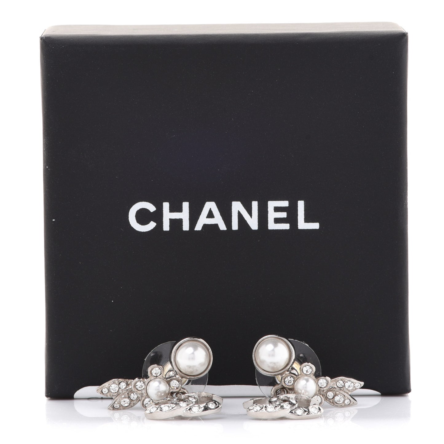 Crystal Pearl CC Leaf Earrings Silver