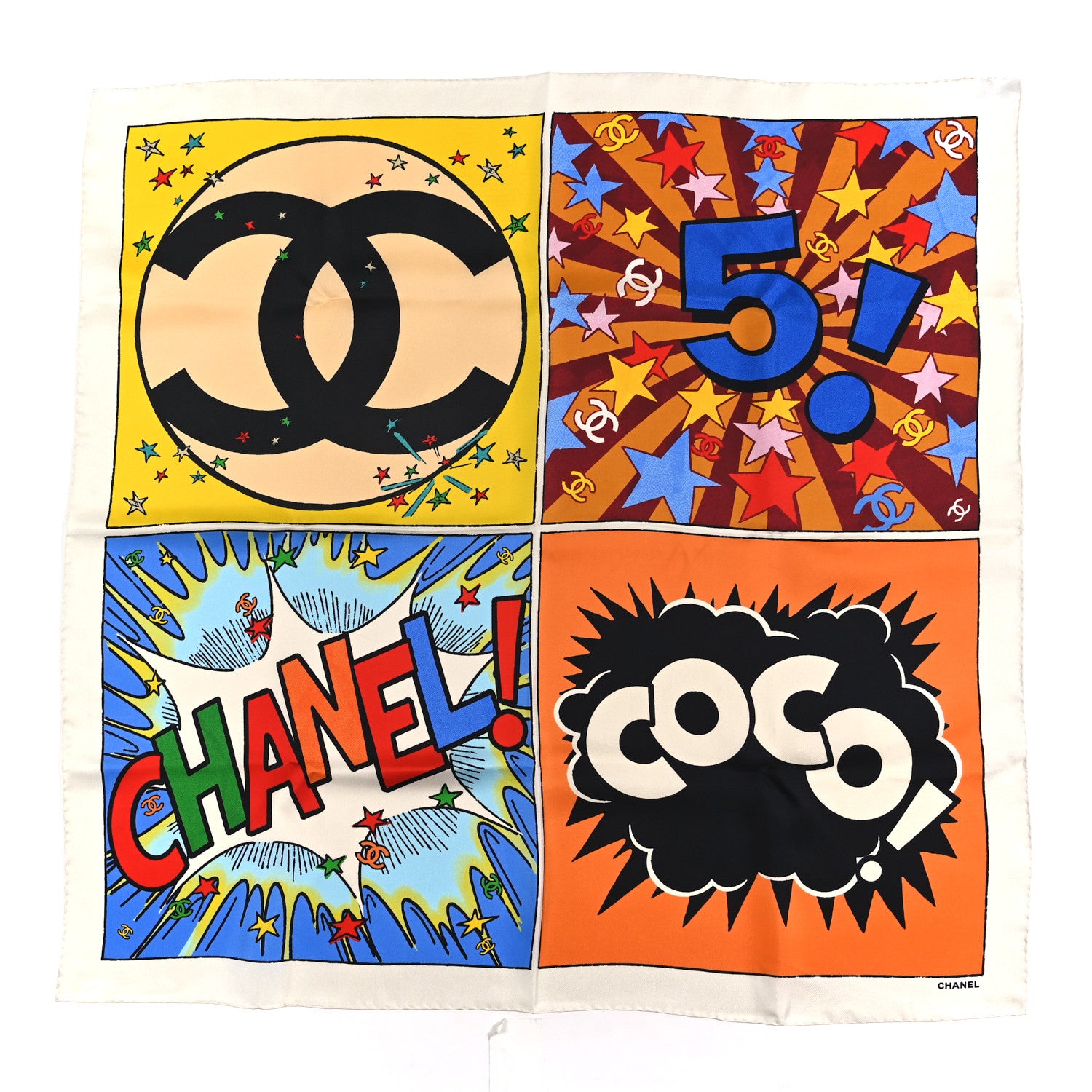 Chanel Silk CC Comics Square Scarf Orange Black Multicolor Ecru 1 of 3