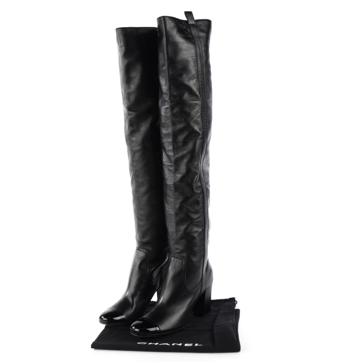 Lambskin Patent Cap Toe Over The Knee Boots 40 Black
