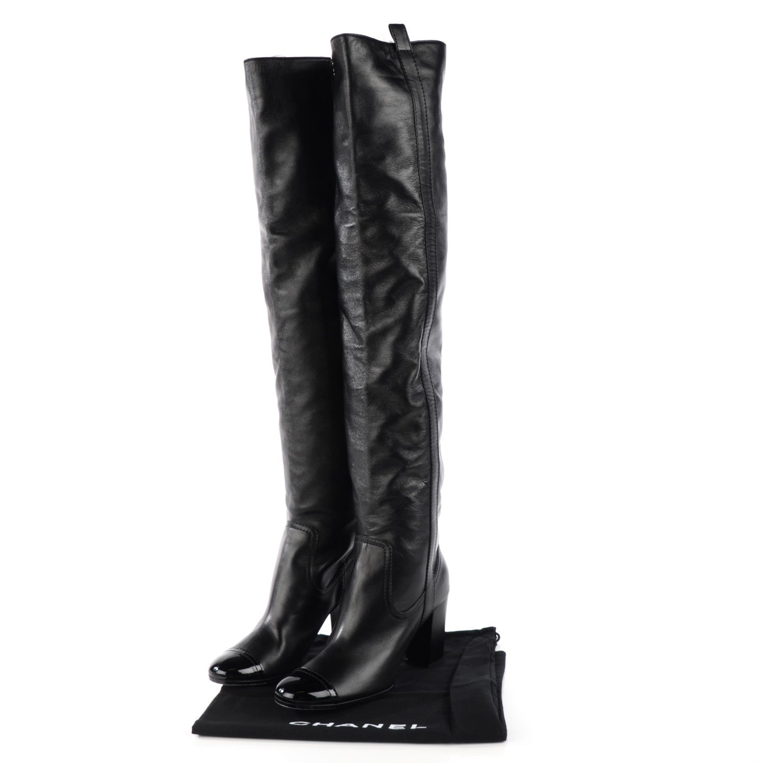 Chanel Lambskin Patent Cap Toe Over The Knee Boots 40 Black 3 of 7