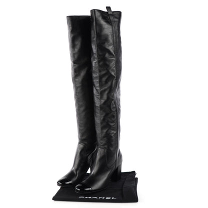 Chanel Lambskin Patent Cap Toe Over The Knee Boots 40 Black 3 of 7
