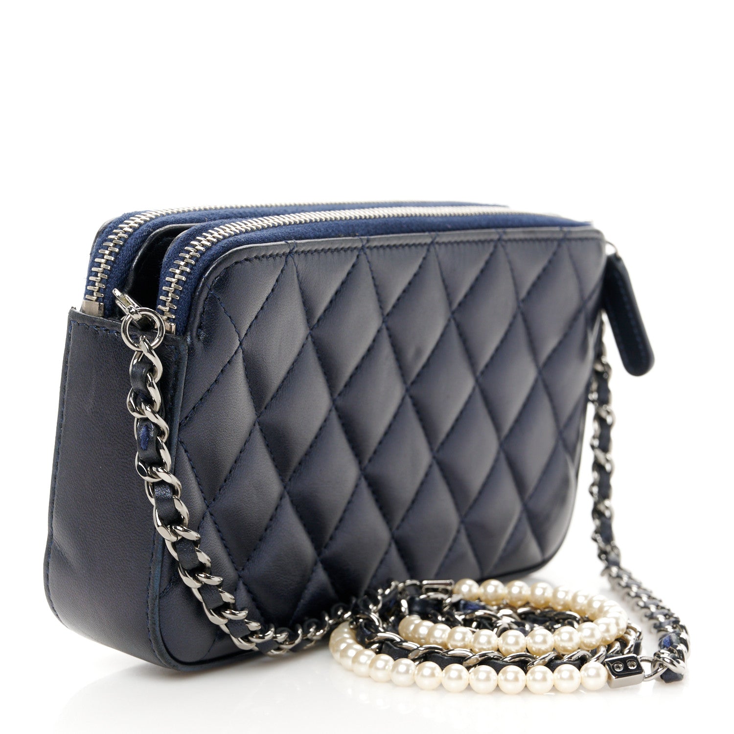 Chanel Lambskin Quilted Small Clutch With Pearl Chain Navy Blue 3 of 13