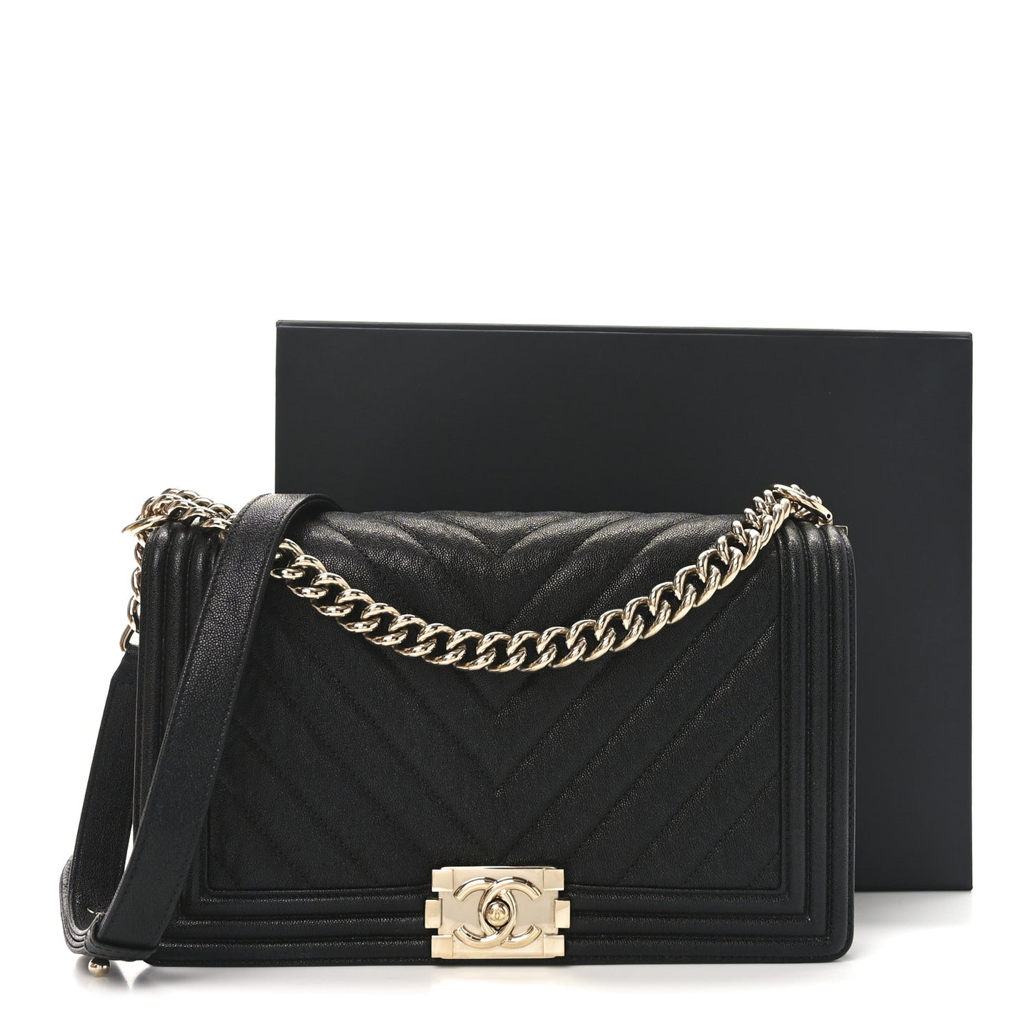 Caviar Chevron Quilted New Medium Boy Flap Black