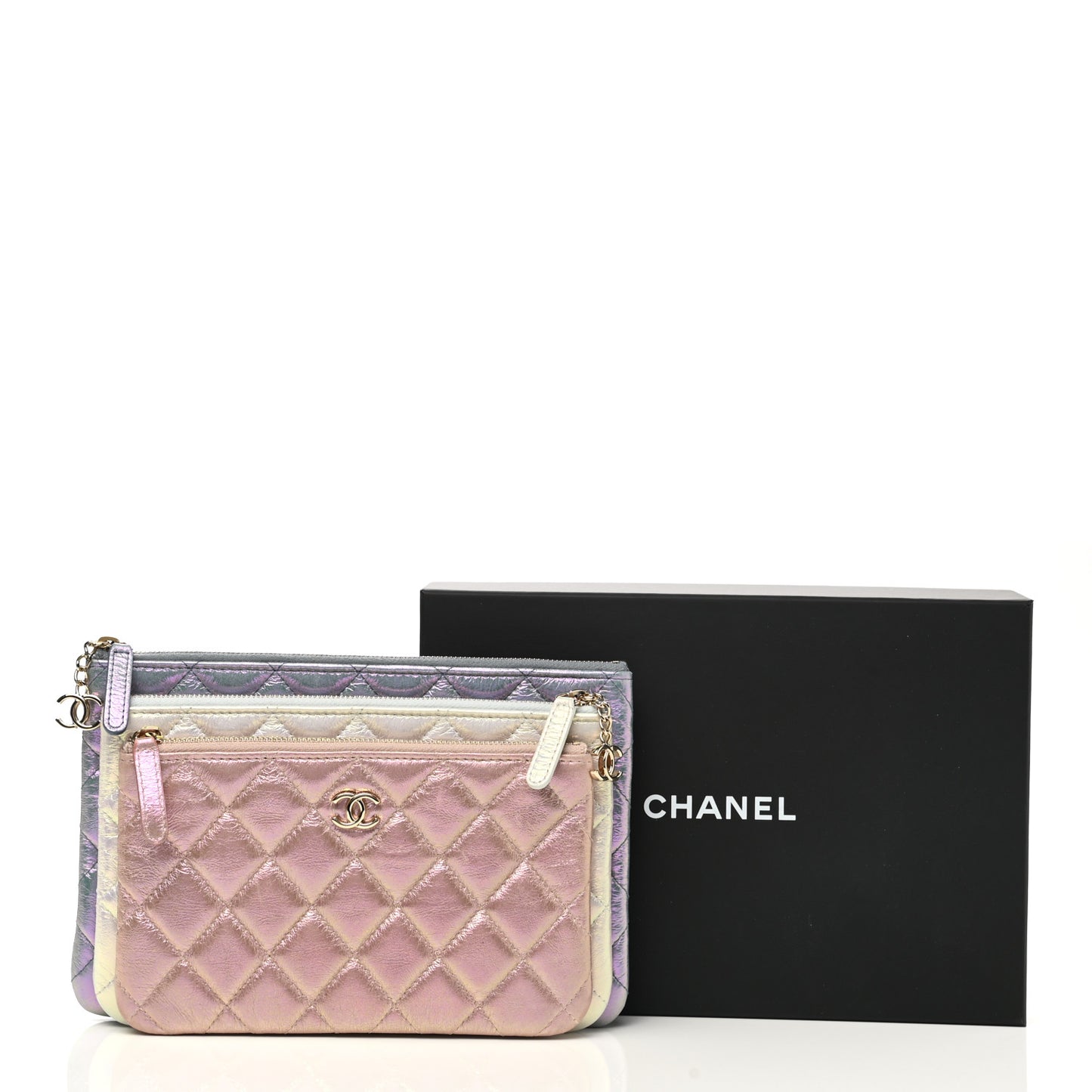 Iridescent Crumpled Calfskin Trio Cosmetic Case Blue Pink Ivory