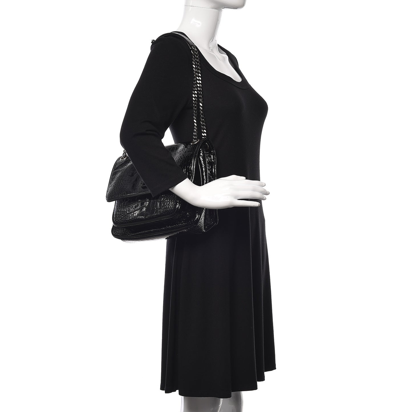 Patent Crocodile Embossed Lambskin Monogram Medium Niki Chain Satchel Black