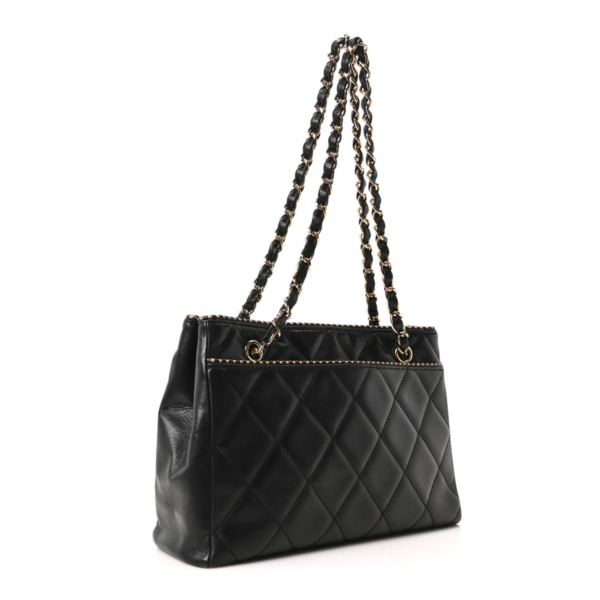 Calfskin Quilted Perforated Edge Tote  Black