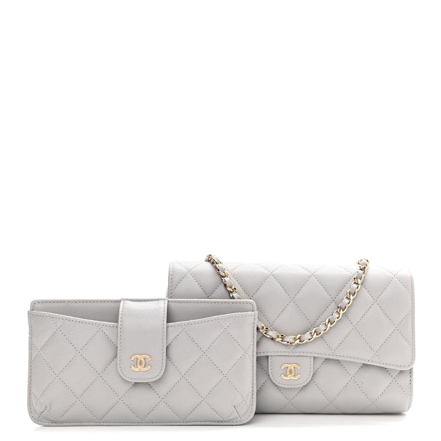 Caviar Quilted Phone Holder Wallet on Removable Chain Grey