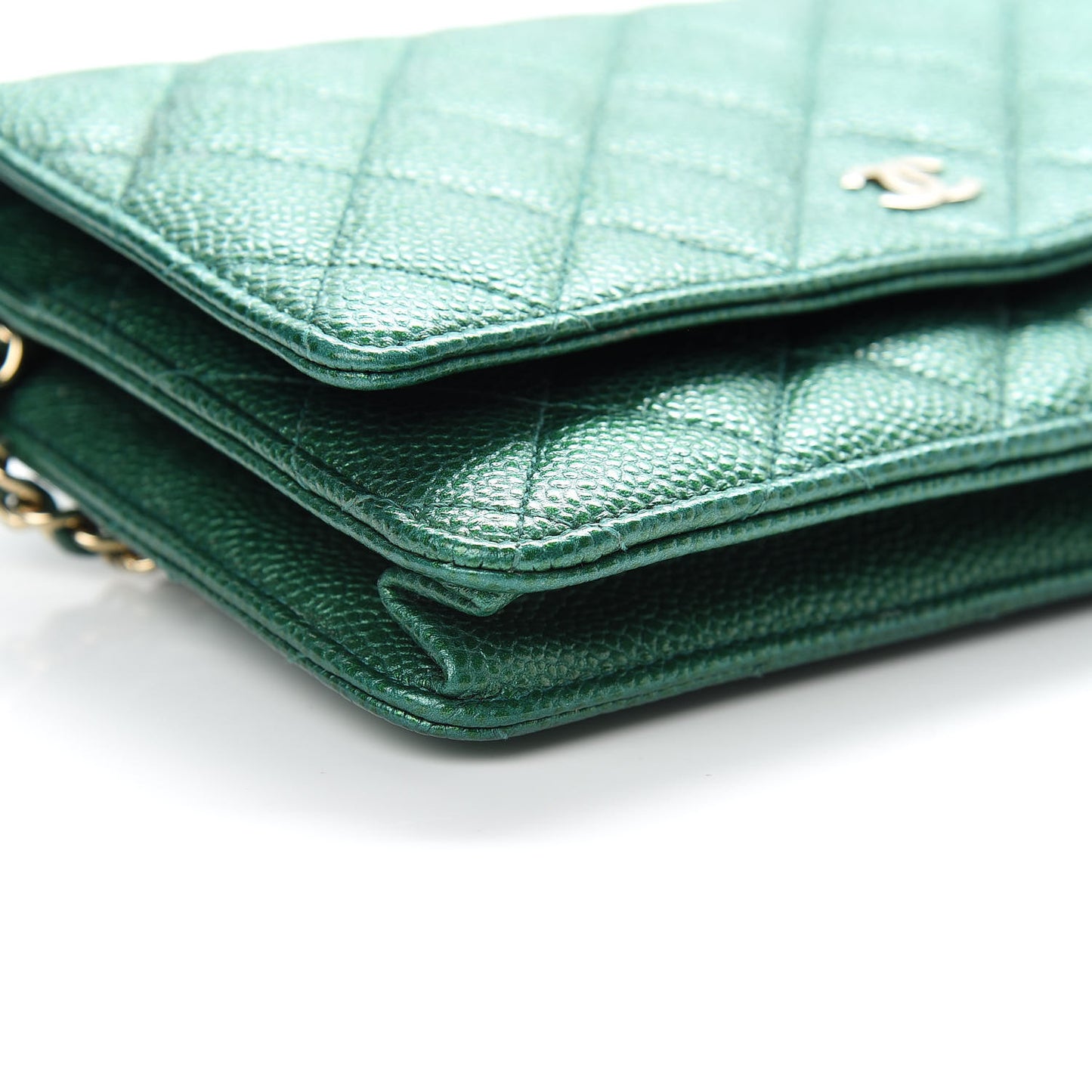 Metallic Caviar Quilted Wallet On Chain WOC Green