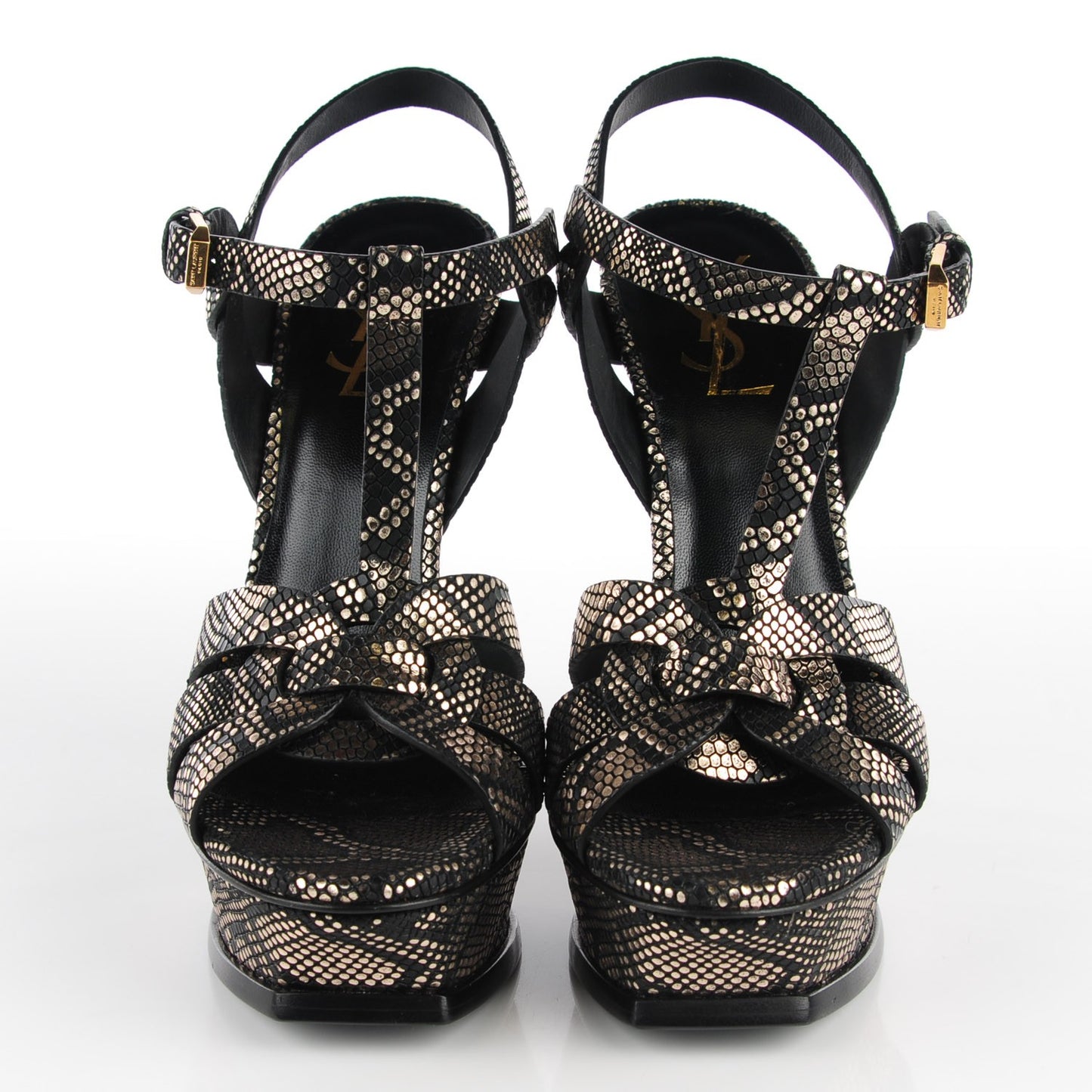 Python Calfskin Embossed Classic Tribute 105 Platform Sandals 36.5 Black Gold