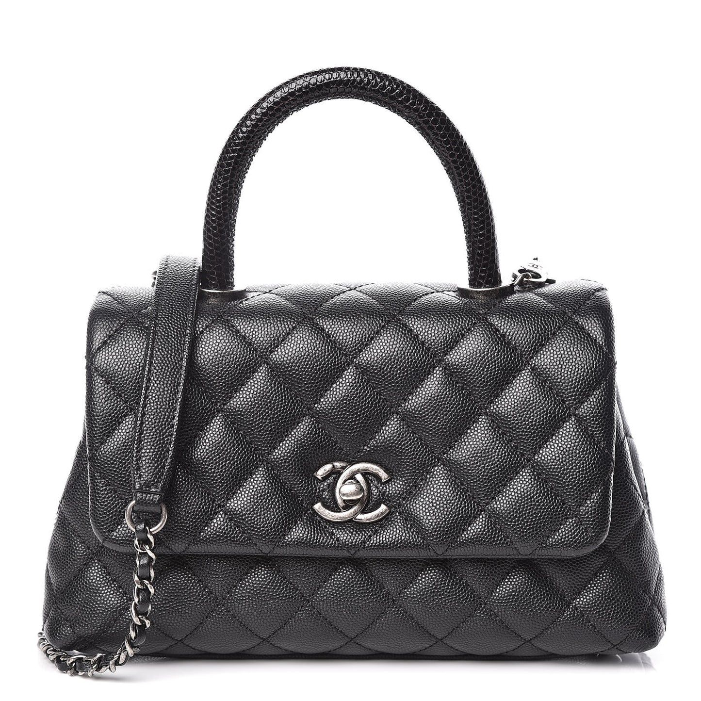 Caviar Lizard Quilted Mini Coco Handle Flap Black