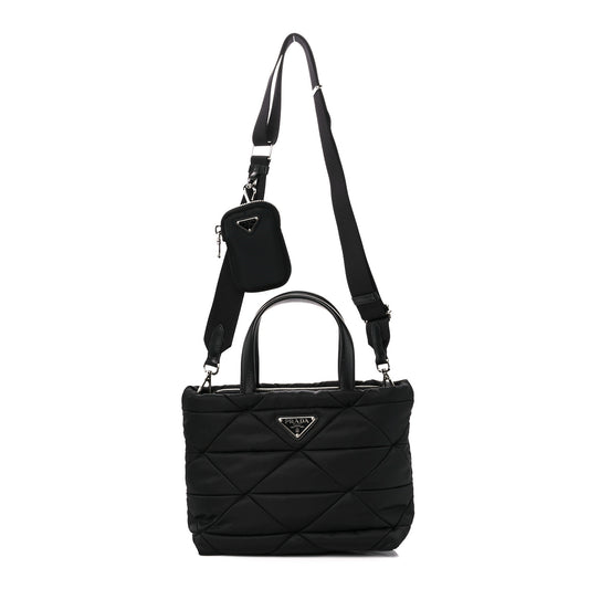 Re-Nylon Nappa Triangle Quilted Padded Double Handled Zip Pocket Tote Black