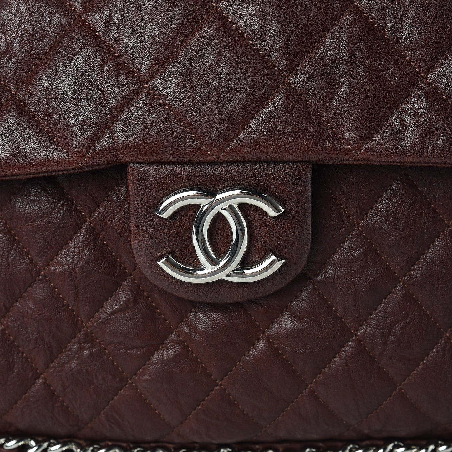 Crumpled Lambskin Quilted Maxi Chain Around Flap Dark Brown