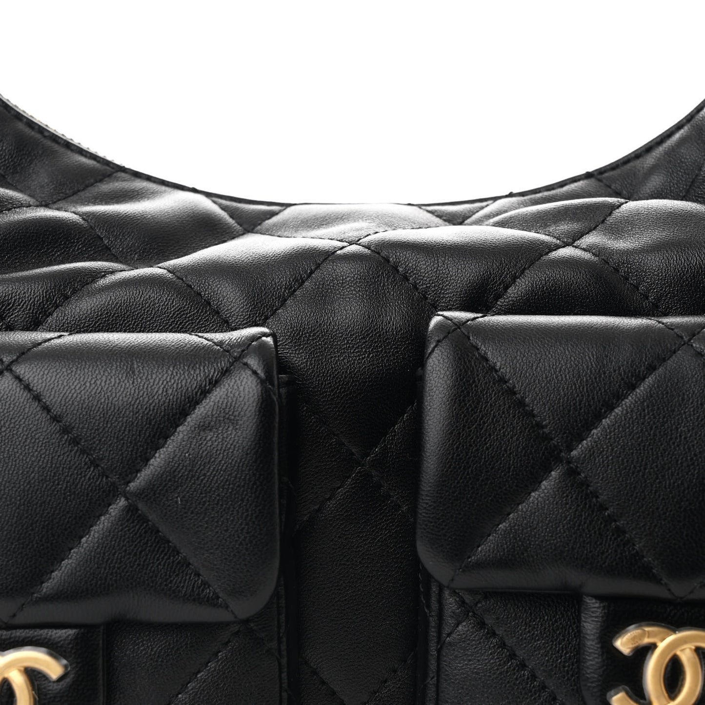 Shiny Lambskin Quilted Trendy Pockets Hobo Black