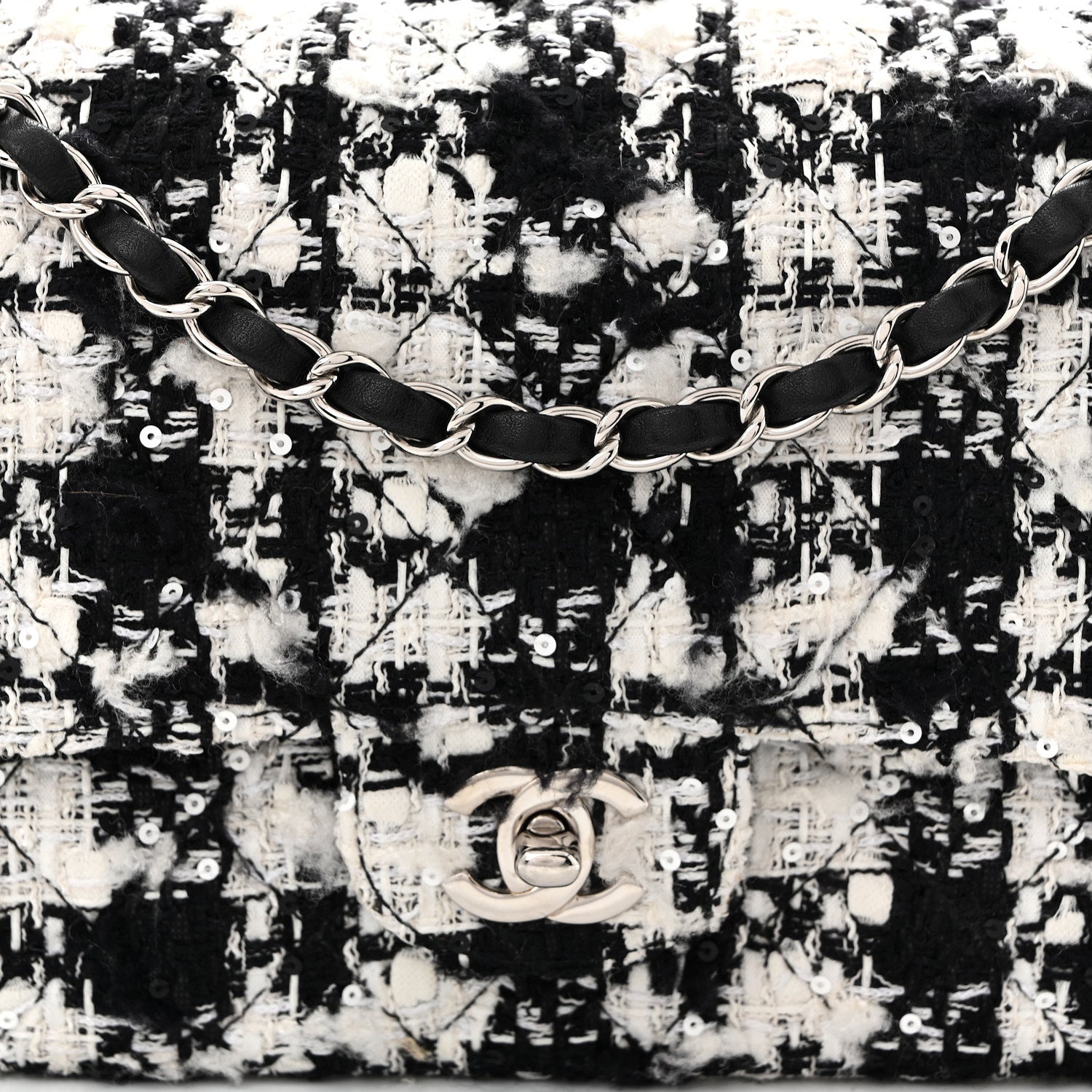 Chanel Tweed Sequin Quilted Medium Double Flap Black White 8 of 10
