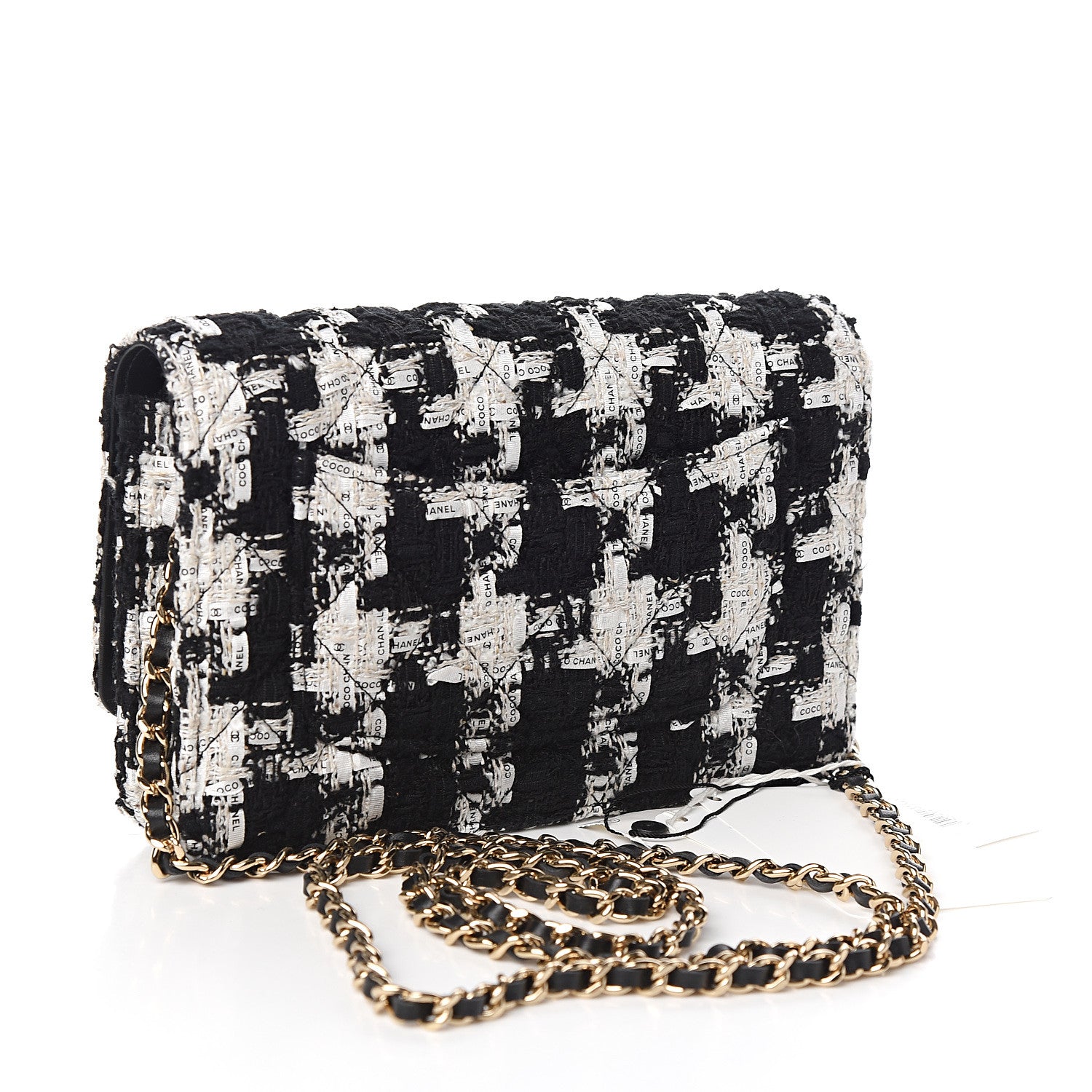 Chanel Tweed Quilted Wallet On Chain WOC Black Ecru White 2 of 11