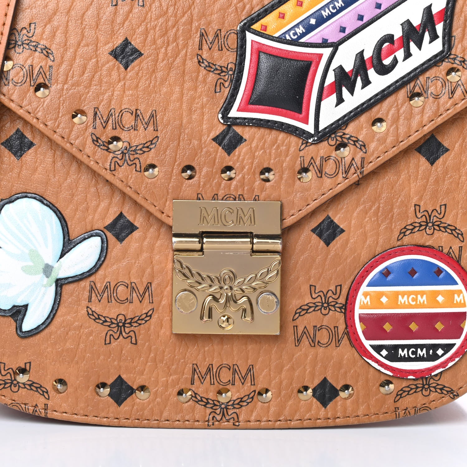 MCM Visetos Studded Victory Patch Patricia Shoulder Bag Cognac 8 of 19
