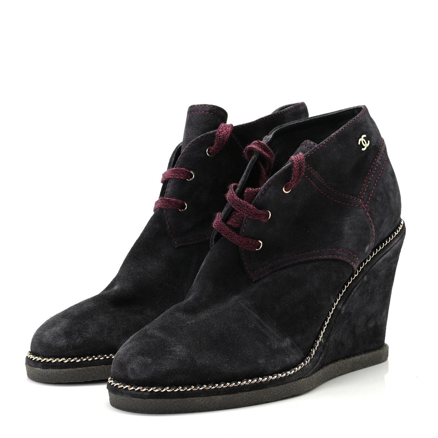 Chanel Suede Calfskin Lace Up Wedge Booties 39.5 Dark Blue 2 of 7