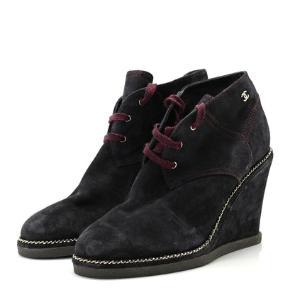 Chanel Suede Calfskin Lace Up Wedge Booties 39.5 Dark Blue 2 of 7