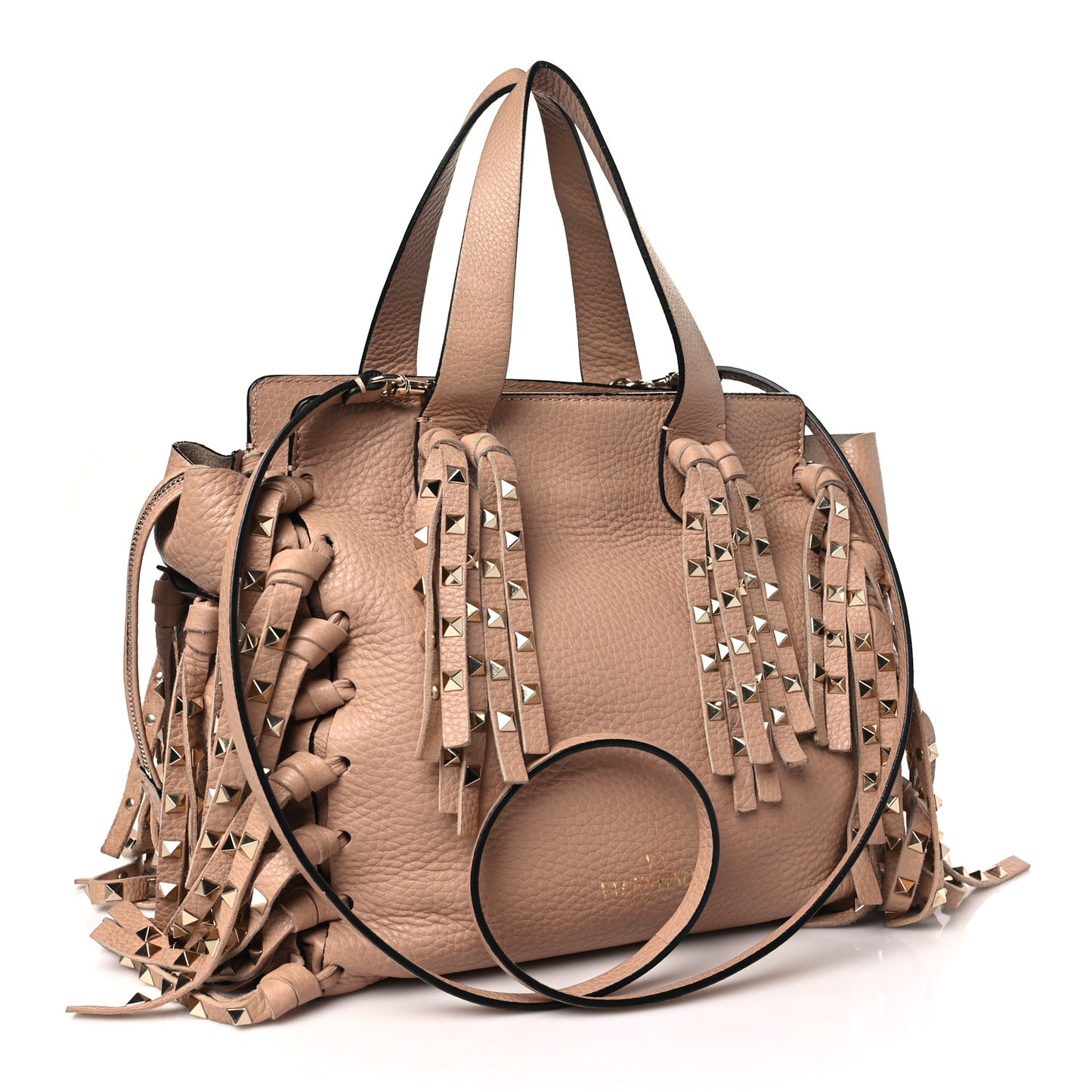 Grained Calfskin Small Rockstud C-Rockee Fringe Tote Poudre