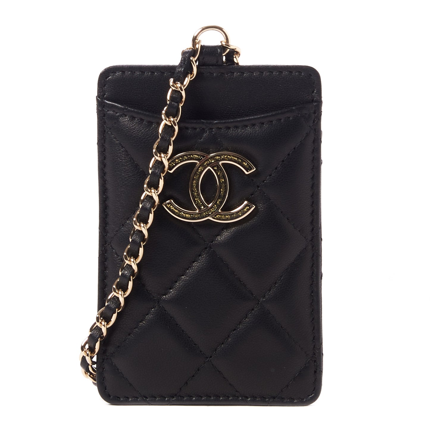 Lambskin Quilted Glitter Card Holder On Chain Black