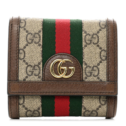 Gucci GG Supreme Monogram Textured Calfskin Web Ophidia Card Case Wallet Beige Ebony New Acero 1 of 7