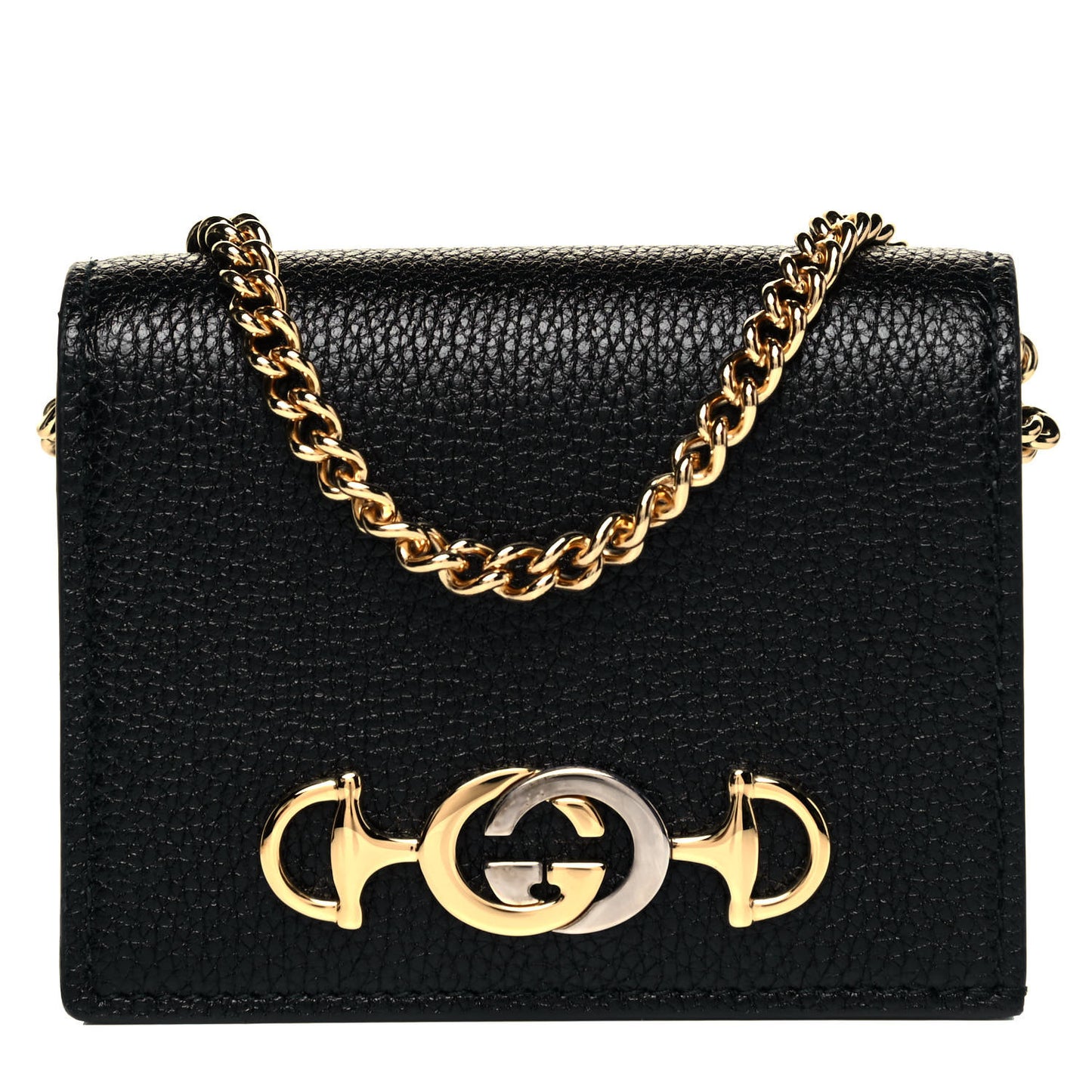 Grainy Calfskin Zumi Chain Card Case Wallet Black