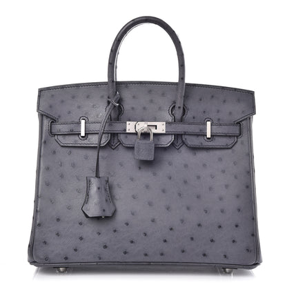 Hermes Ostrich Horseshoe Birkin 25 Gris Agate Bleu Marine 1 of 43