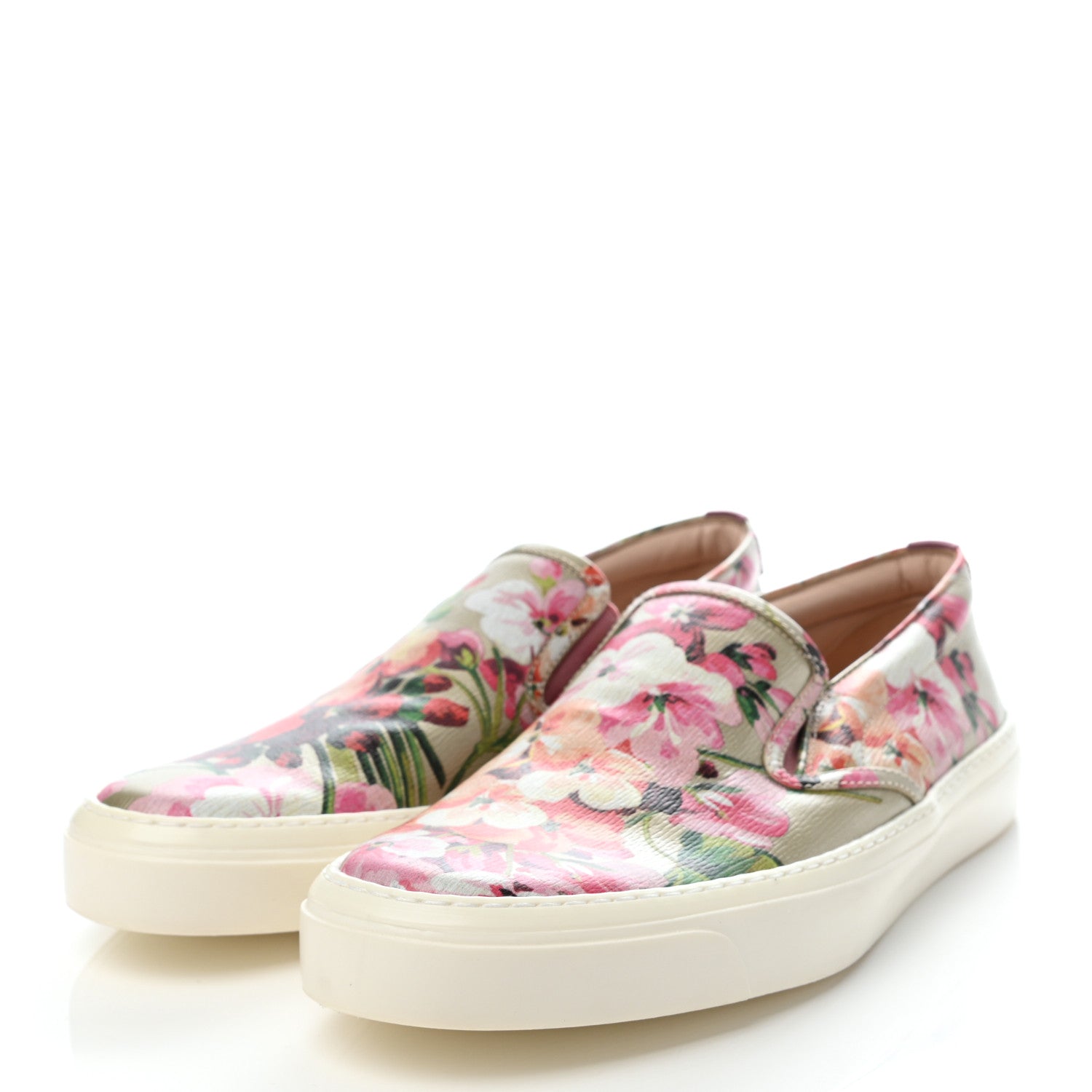Gucci Calfskin Blooms Print Womens Slip On Sneakers 37 Gold Multicolor Dry Rose 3 of 8