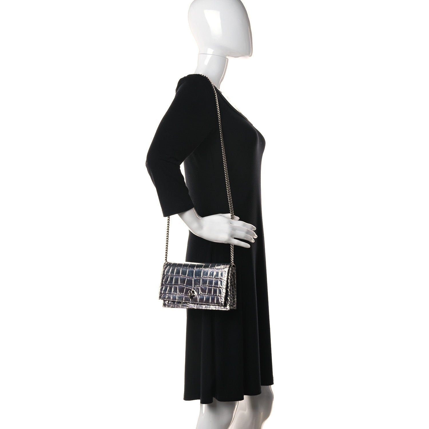 Alexander McQueen Metallic Calfskin Crocodile Embossed Skull Mini Shoulder Bag Silver 2 of 10