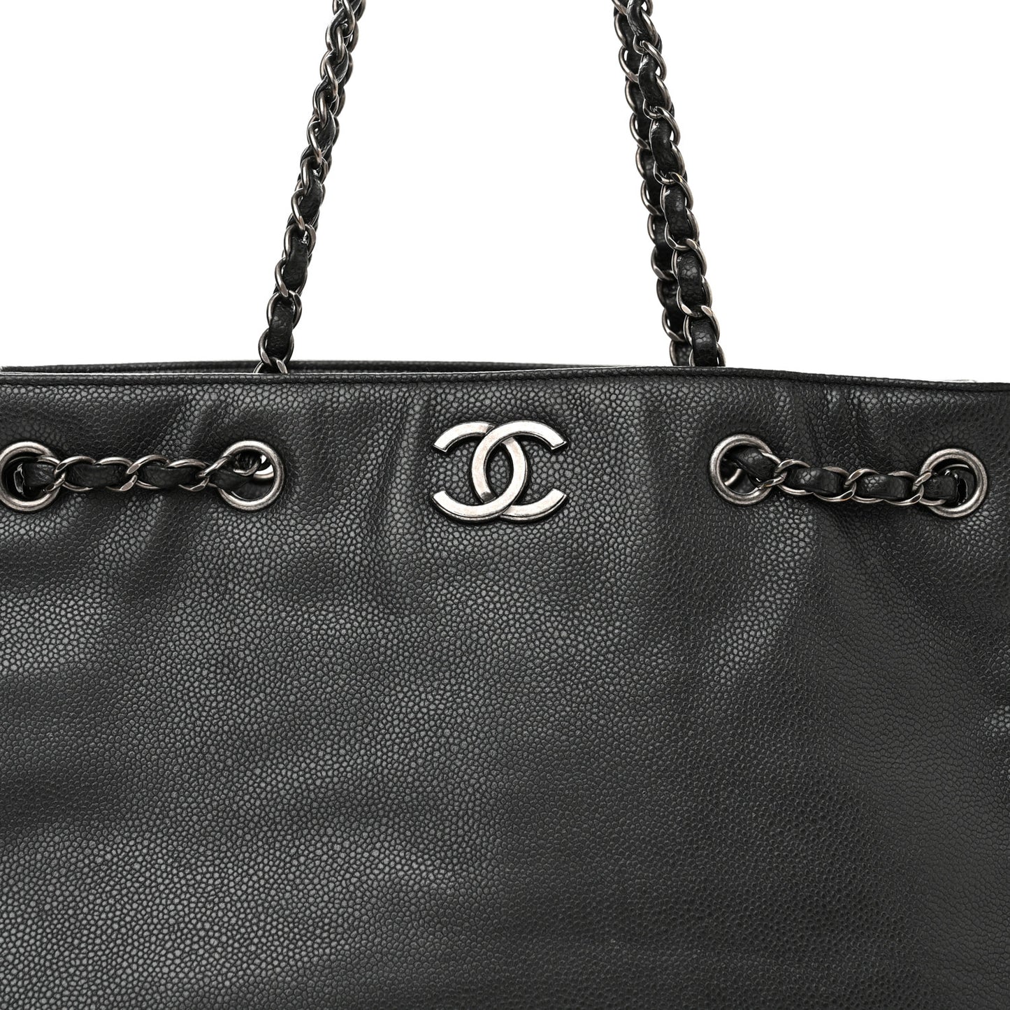 Metallic Grained Calfskin Medium Woven Chain Shopping Tote Black
