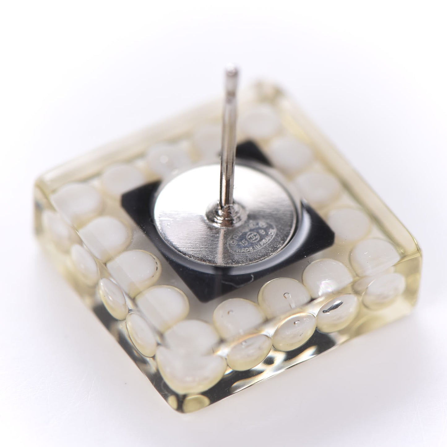 Pearl Resin Square CC Earrings Black Transparent