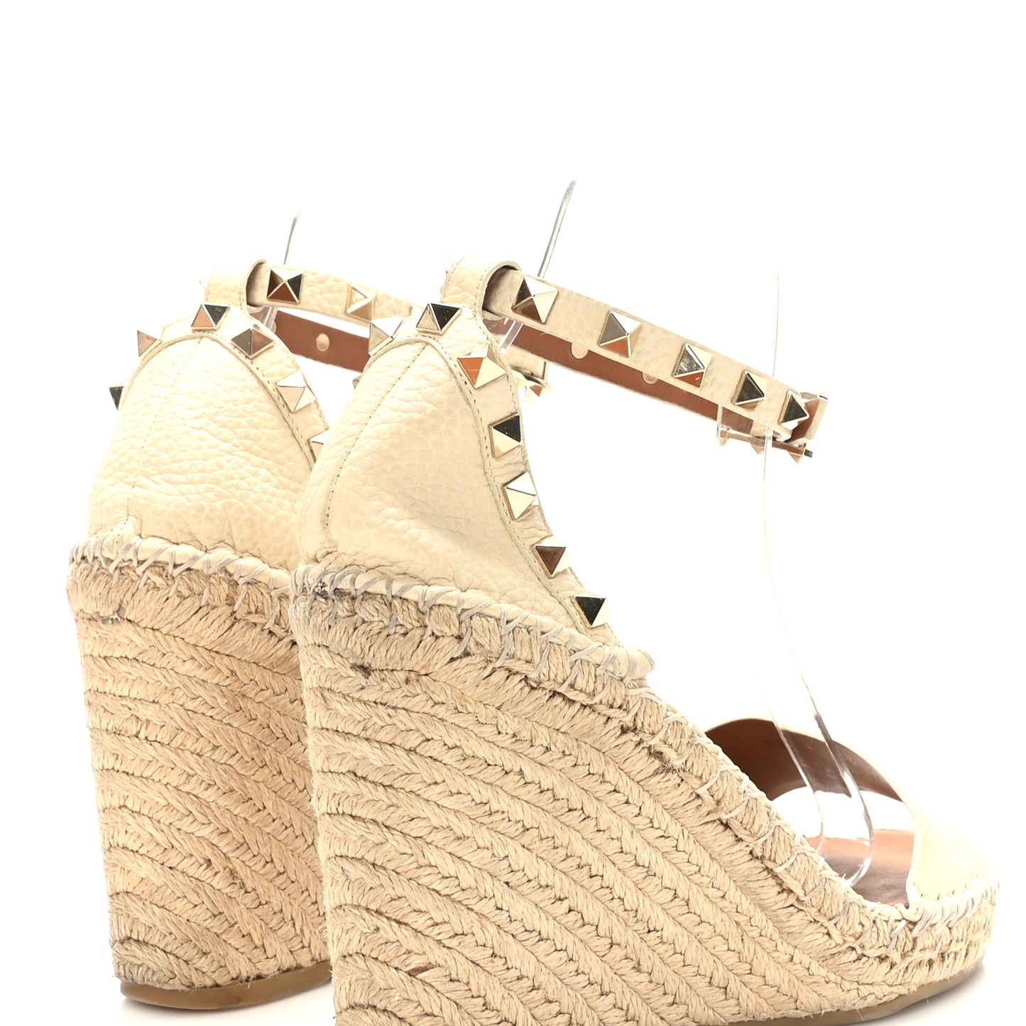 Grained Calfskin Rockstud Ankle Strap Espadrille 15/105mm Wedge Sandals 38 Light Ivory Natural