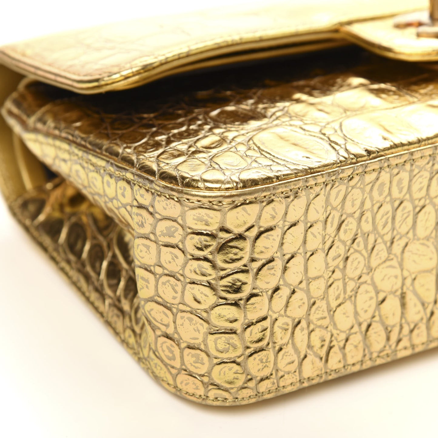 Metallic Calfskin Crocodile Embossed Cocodile Small Double Flap Gold Gold