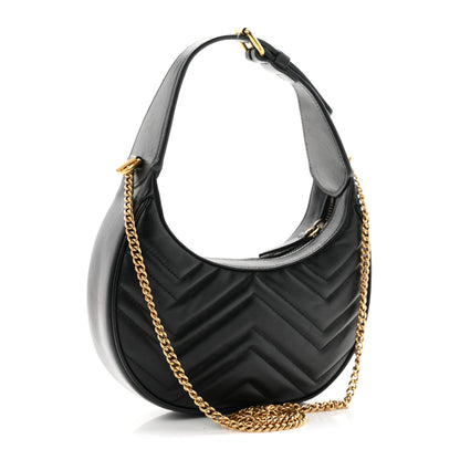 Gucci Calfskin Matelasse Chevron Mini GG Marmont Half Moon Hobo Black 2 of 12