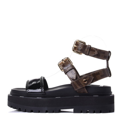 Fendi Patent Glazed Fabric FF Strappy Platform Sandals 35 Black 1 of 11