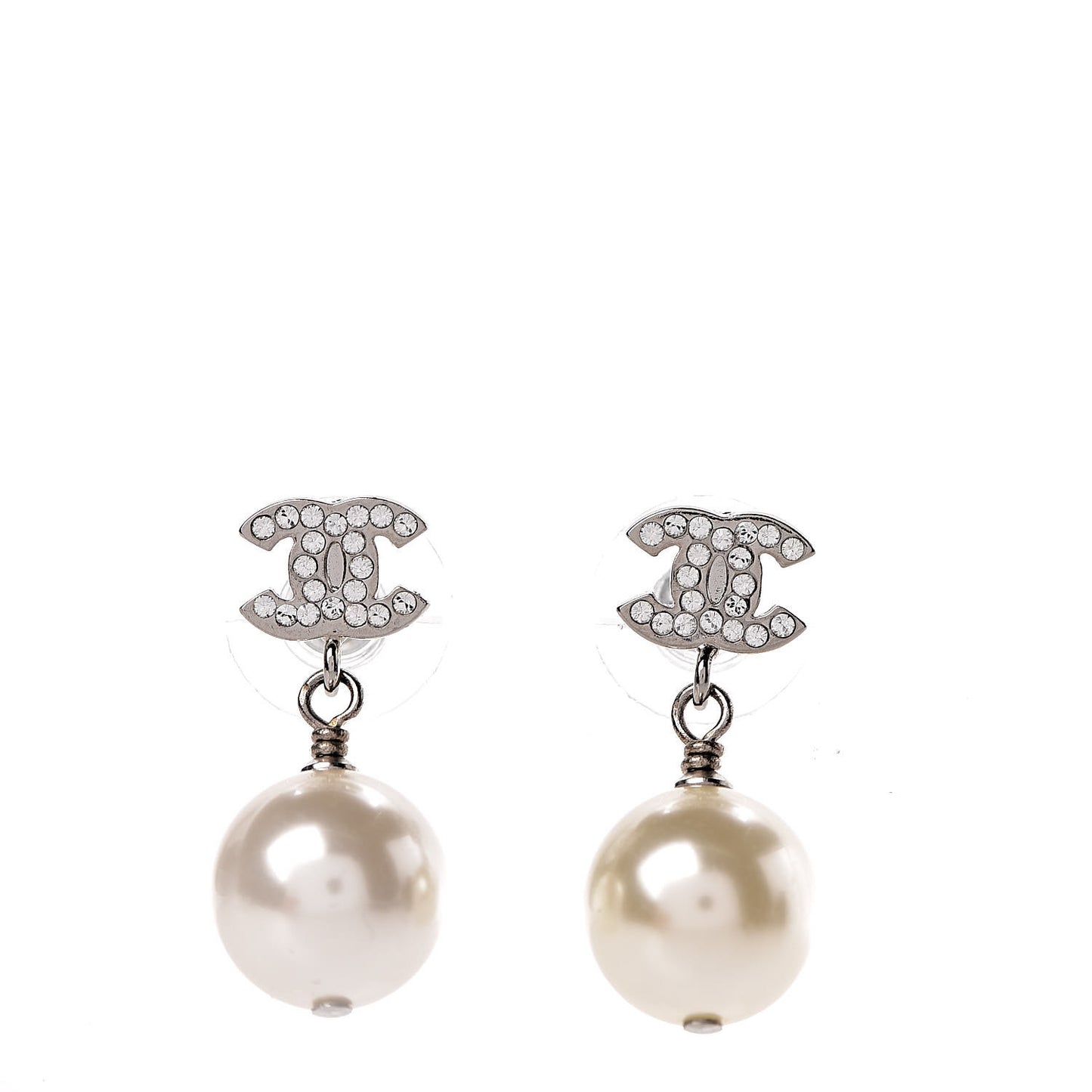 Crystal Pearl CC Drop Earrings Silver Pearly White