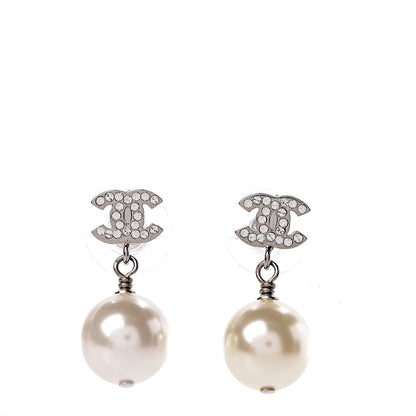 Chanel Crystal Pearl CC Drop Earrings Silver Pearly White 1 of 5