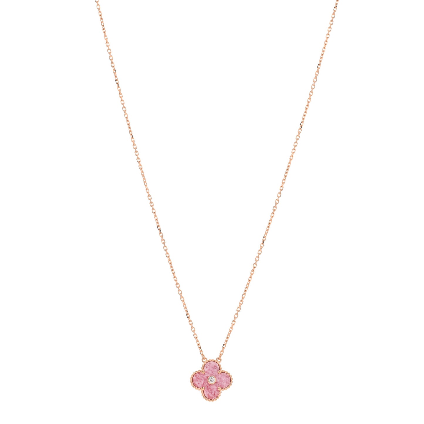 18K Rose Gold Diamond Rhodonite Vintage Alhambra Pendant Necklace