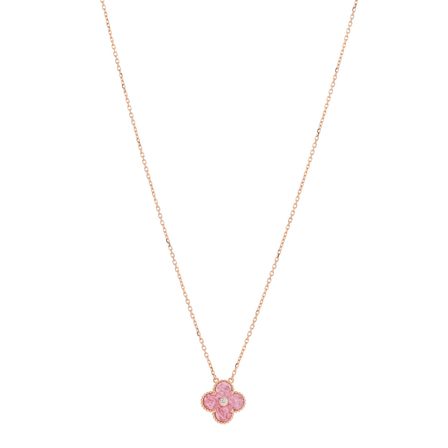Van Cleef & Arpels 18K Rose Gold Diamond Rhodonite Vintage Alhambra Pendant Necklace 1 of 4