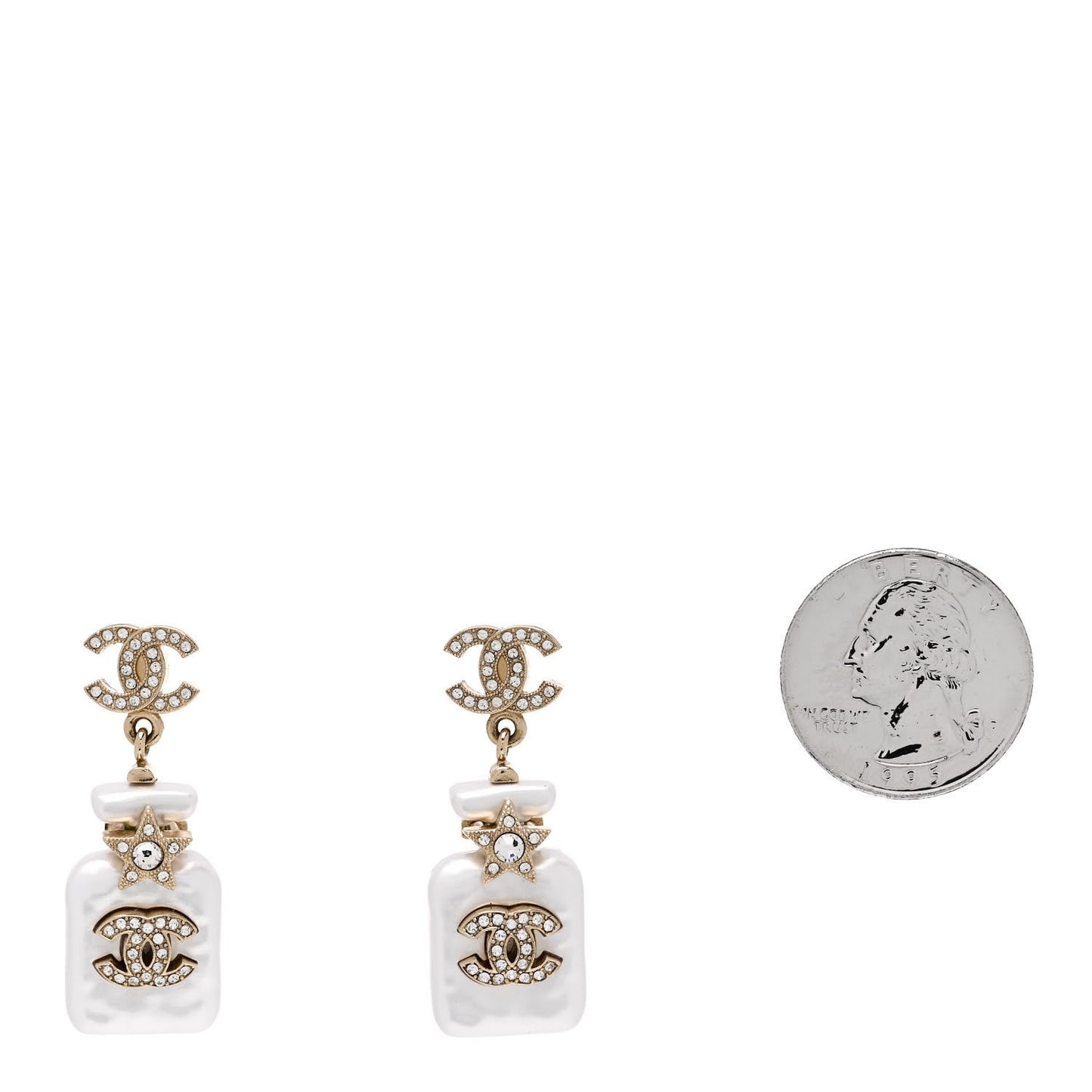 Pearl Resin Crystal CC Perfume Bottle Drop Earrings Gold Pearly White