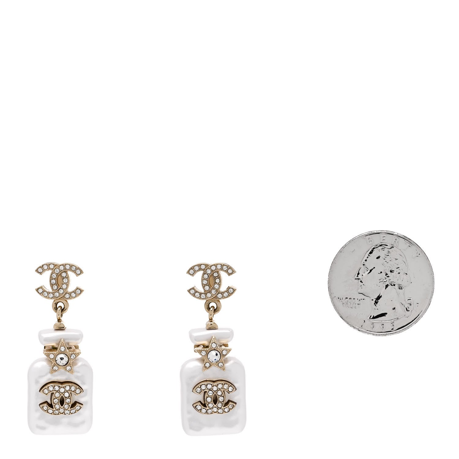 Chanel Pearl Resin Crystal CC Perfume Bottle Drop Earrings Gold Pearly White 2 of 5