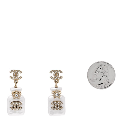Chanel Pearl Resin Crystal CC Perfume Bottle Drop Earrings Gold Pearly White 2 of 5