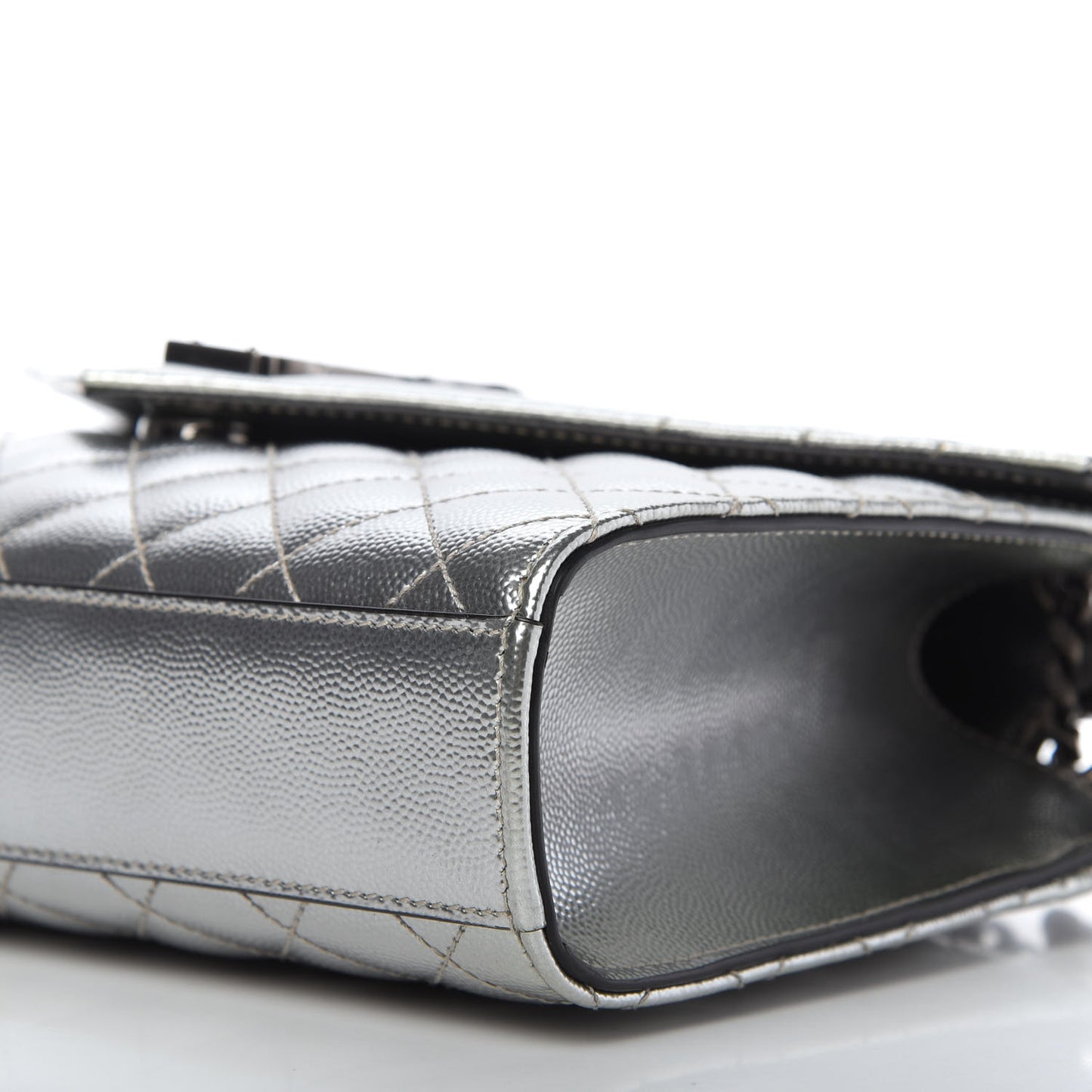 Metallic Grain De Poudre Textured Mixed Matelasse Triquilt Medium Monogram Satchel Silver