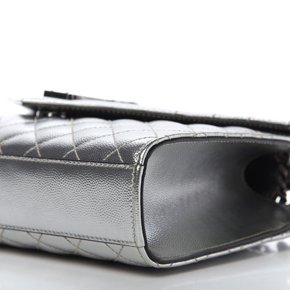 Saint Laurent Metallic Grain De Poudre Textured Mixed Matelasse Triquilt Medium Monogram Satchel Silver 7 of 9