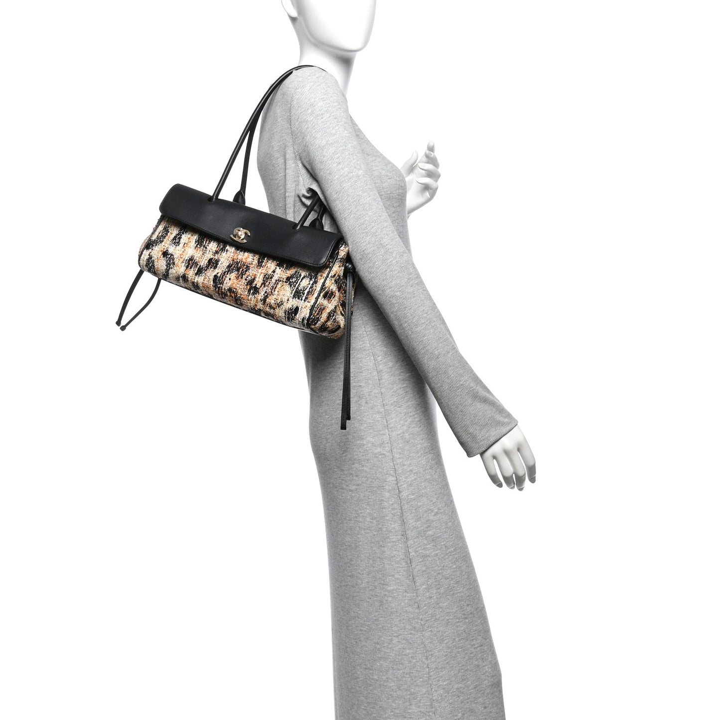 Calfskin Tweed Mixed Fibers Leopard Print Urban Essentials Small Shopping Bag Brown Black White